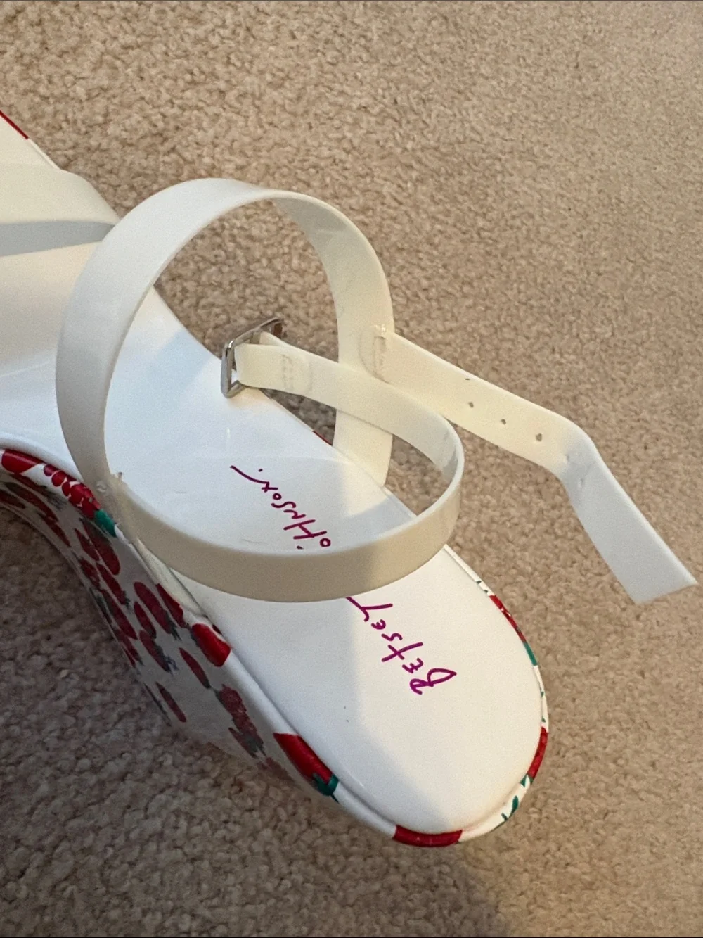 Betsey Johnson White Platform Sandals with Red & Green Floral Trim